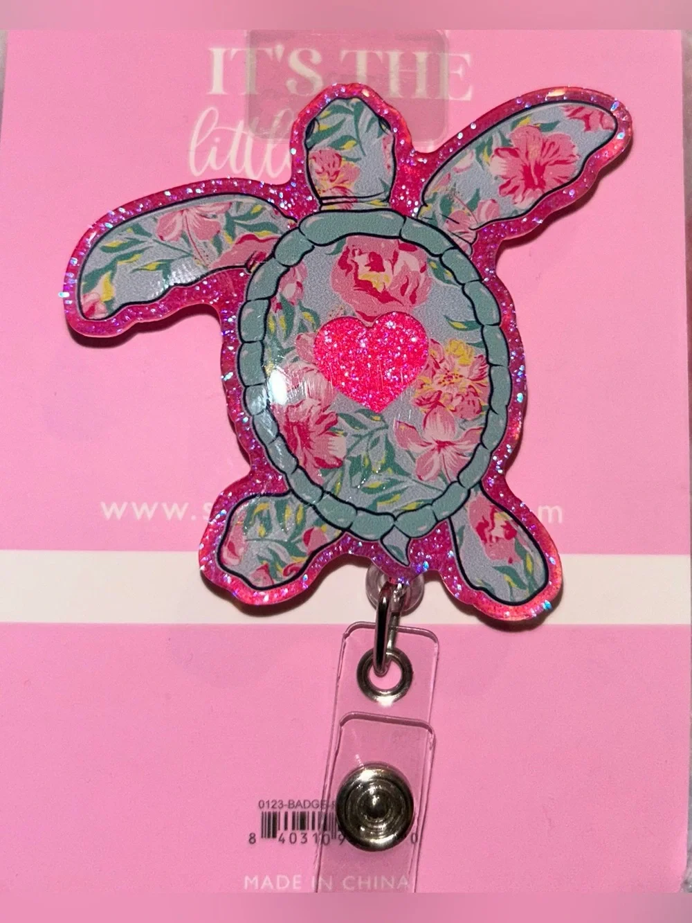 Simply Southern Pink Floral Turtle Badge Reel with Glitter Heart
